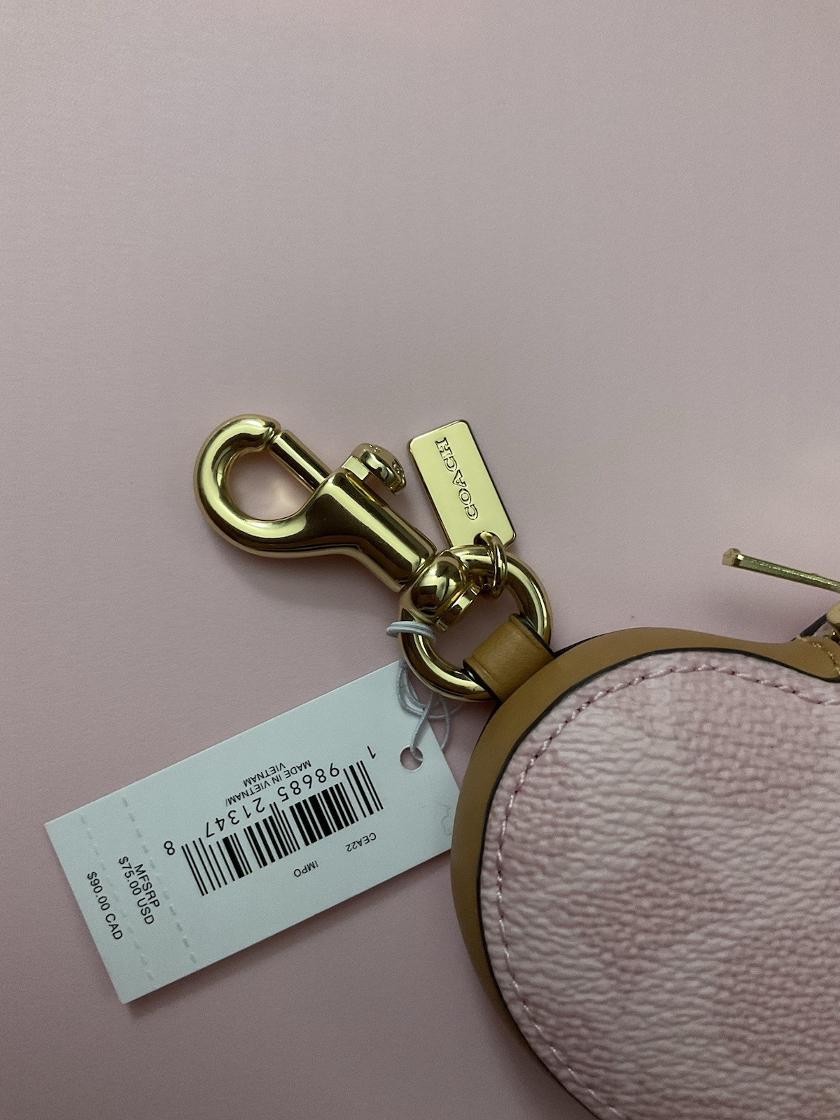 Coach Heart Bag Charm In Signature Canvas CEA22 Gold/Powder Pink NWT
