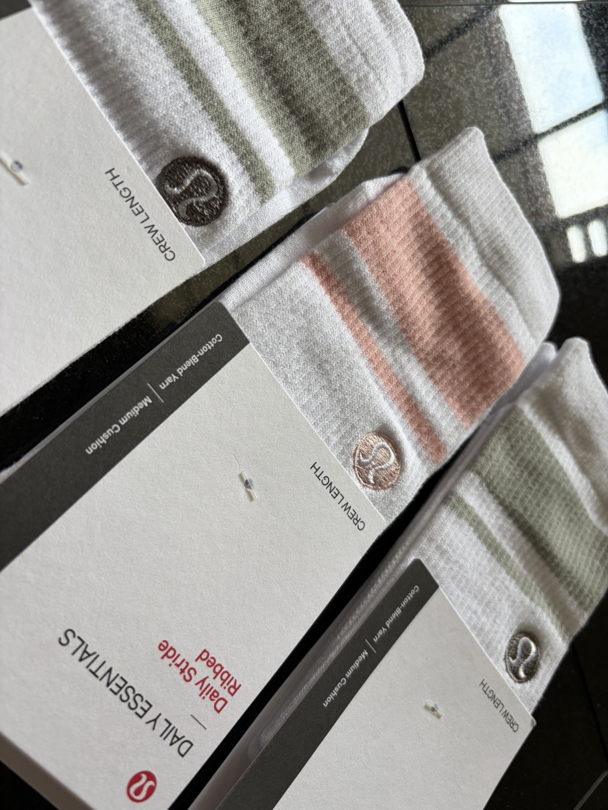 lululemon 3 Pairs Medium Cushion White Sage & Pink Stripe socks