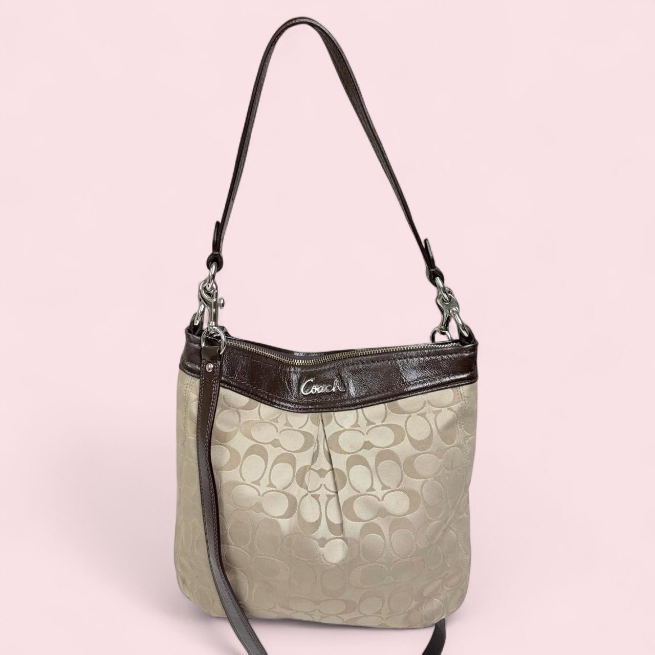 Coach Signature Monogram Beige/Brown Shoulder Bag Zip Detachable Strap Pockets