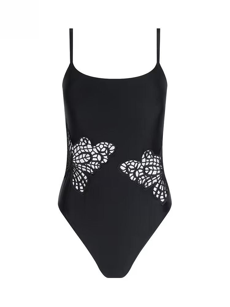 NEW! $285 L’AGENCE REMI ONE-PIECE SWIMSUIT BLACK BUTTERFLY CROCHET SZ M