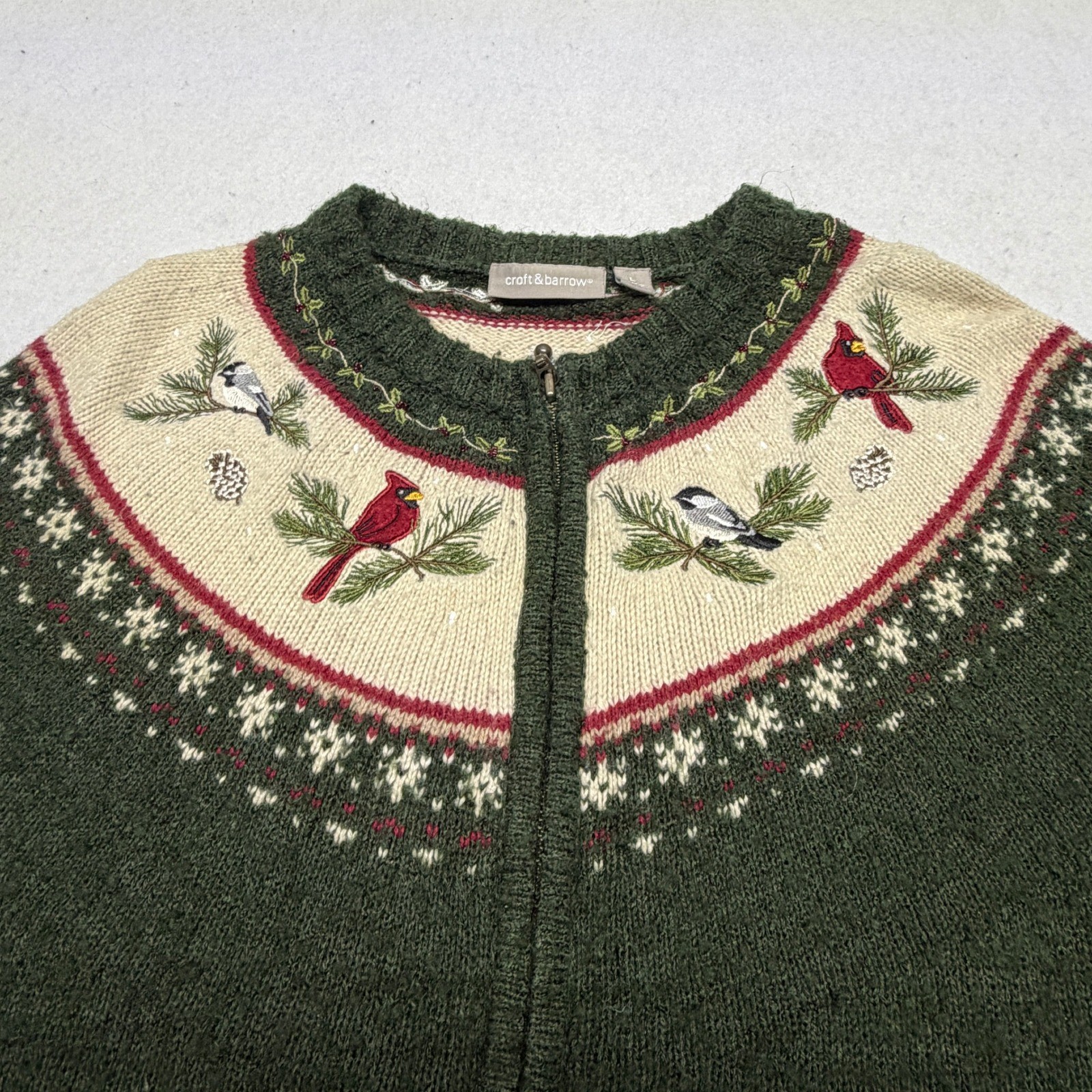 Vintage Croft & Barrow Silk Wool Fair Isle Bird Embroidered Knit Sweater Large
