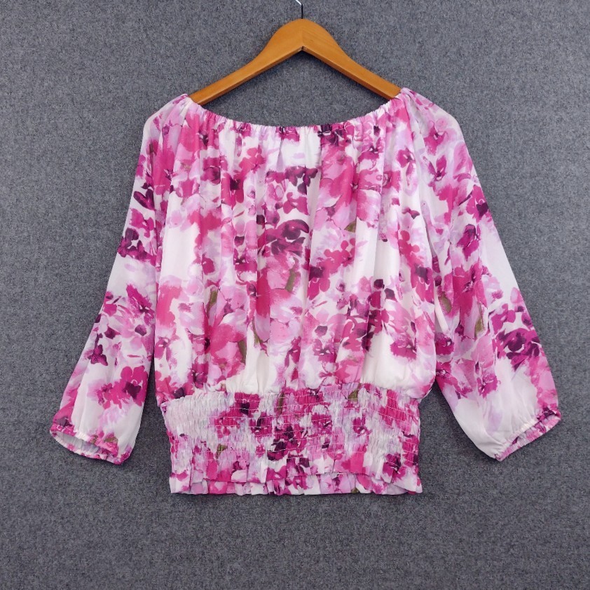 Colleen Lopez Womens Top Small Pink Floral Off Shoulder 3/4 Sleeve Boho