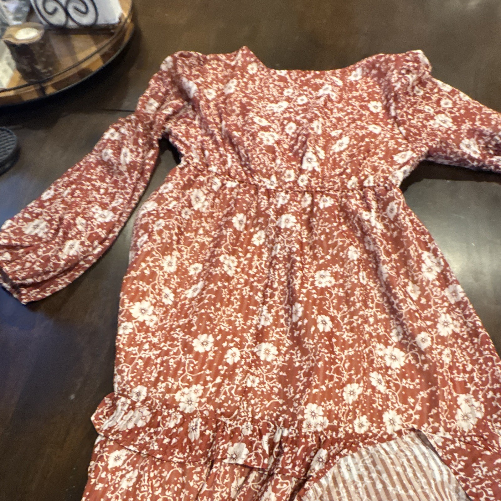 Women’s Rust White Floral Fit & Flare Short Dress M V-Neck Long Sleeve Ruffle