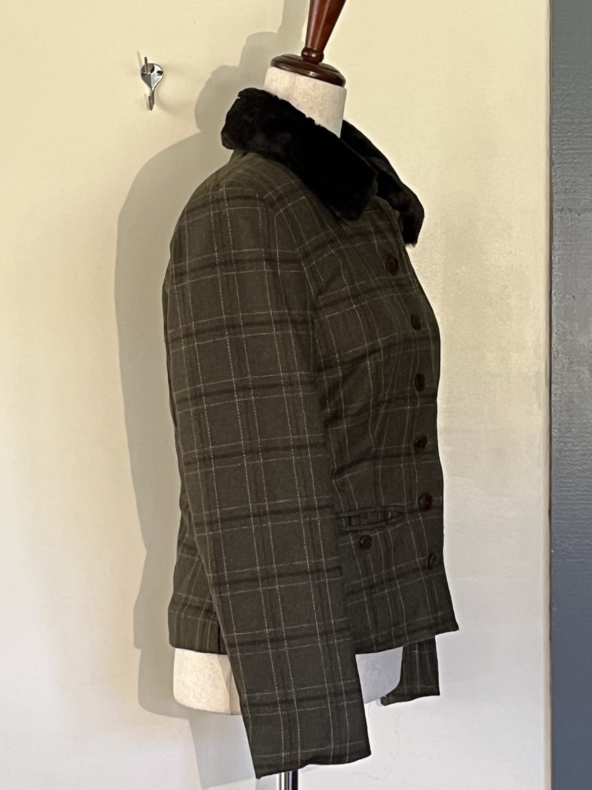 Banana Republic Plaid Wool/Cashmere Blend Blazer Jacket Faux Fur Collar Size 4