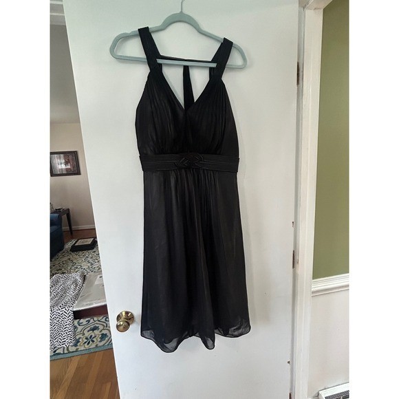 Sangria Black Pleated Chiffon Metallic Cocktail Dress Braided T-Back Size 10