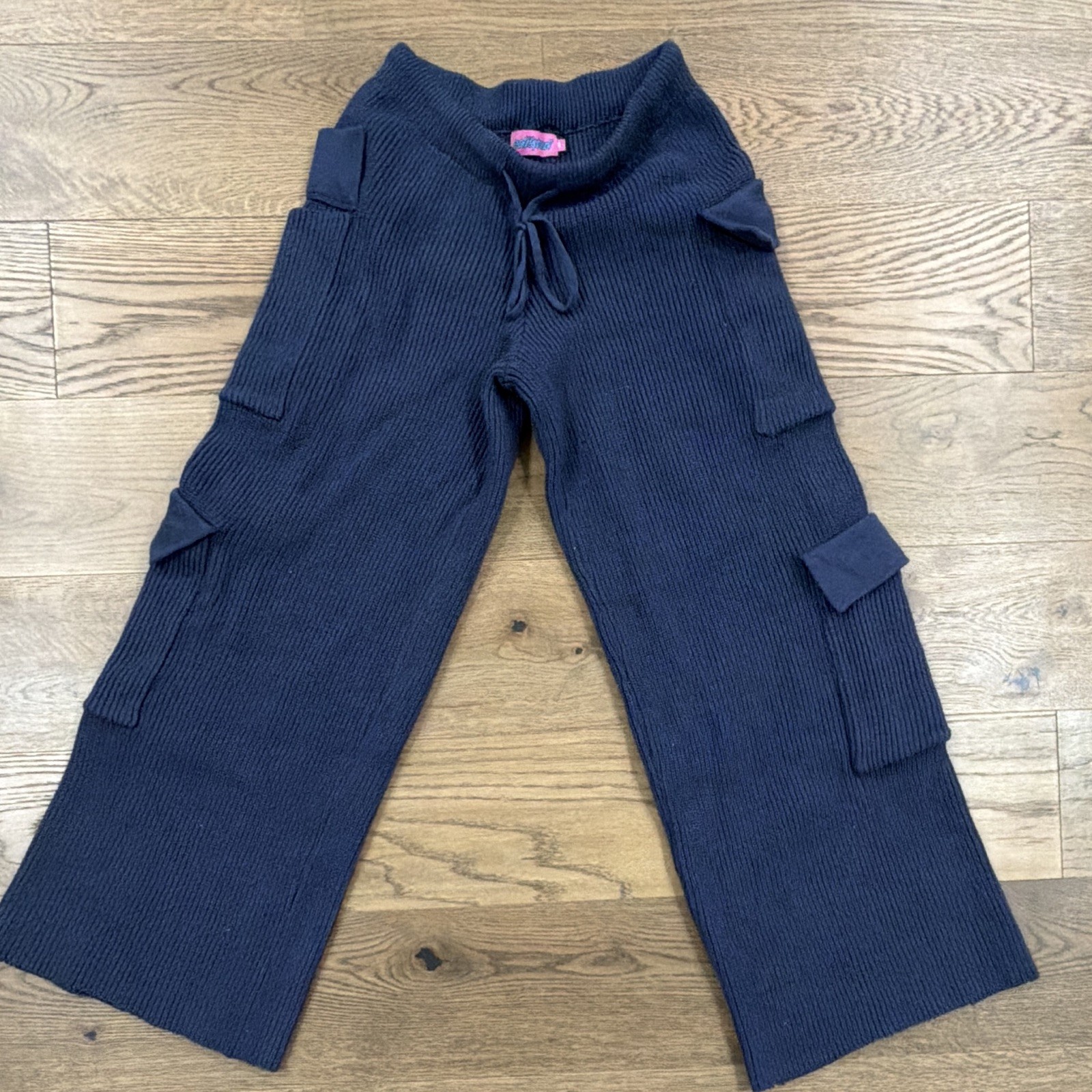 Women’s Navy Ribbed Knit Cotton Wide-Leg Cargo Pants Drawstring Pockets S