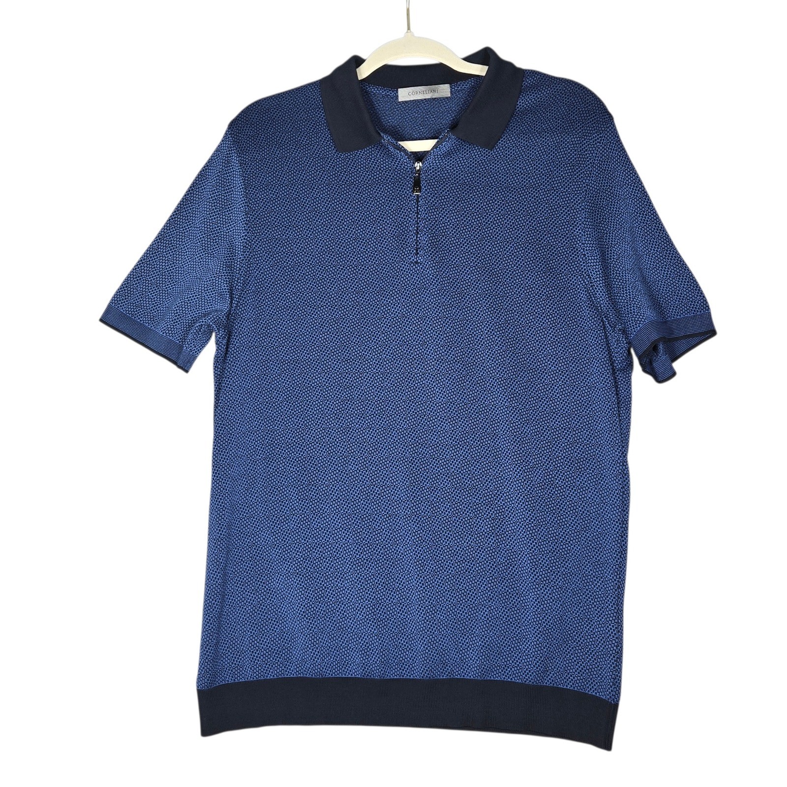 Corneliani Quarter Zip Polo Mens 52 Large Navy Cotton Jacquard Pullover Italy