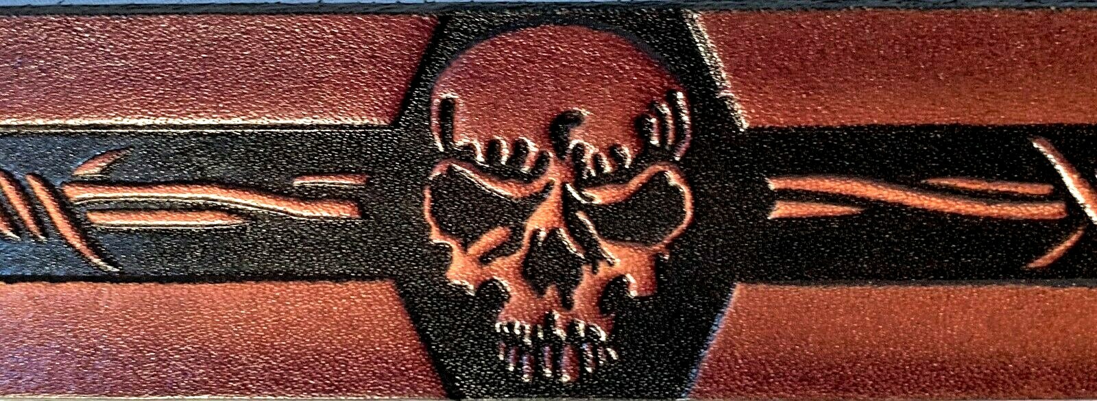 SKULL & BARB WIRE EMBOSSED MOTORCYCLE COWHIDE LEATHER BELT SIZE 26-48 USA MADE