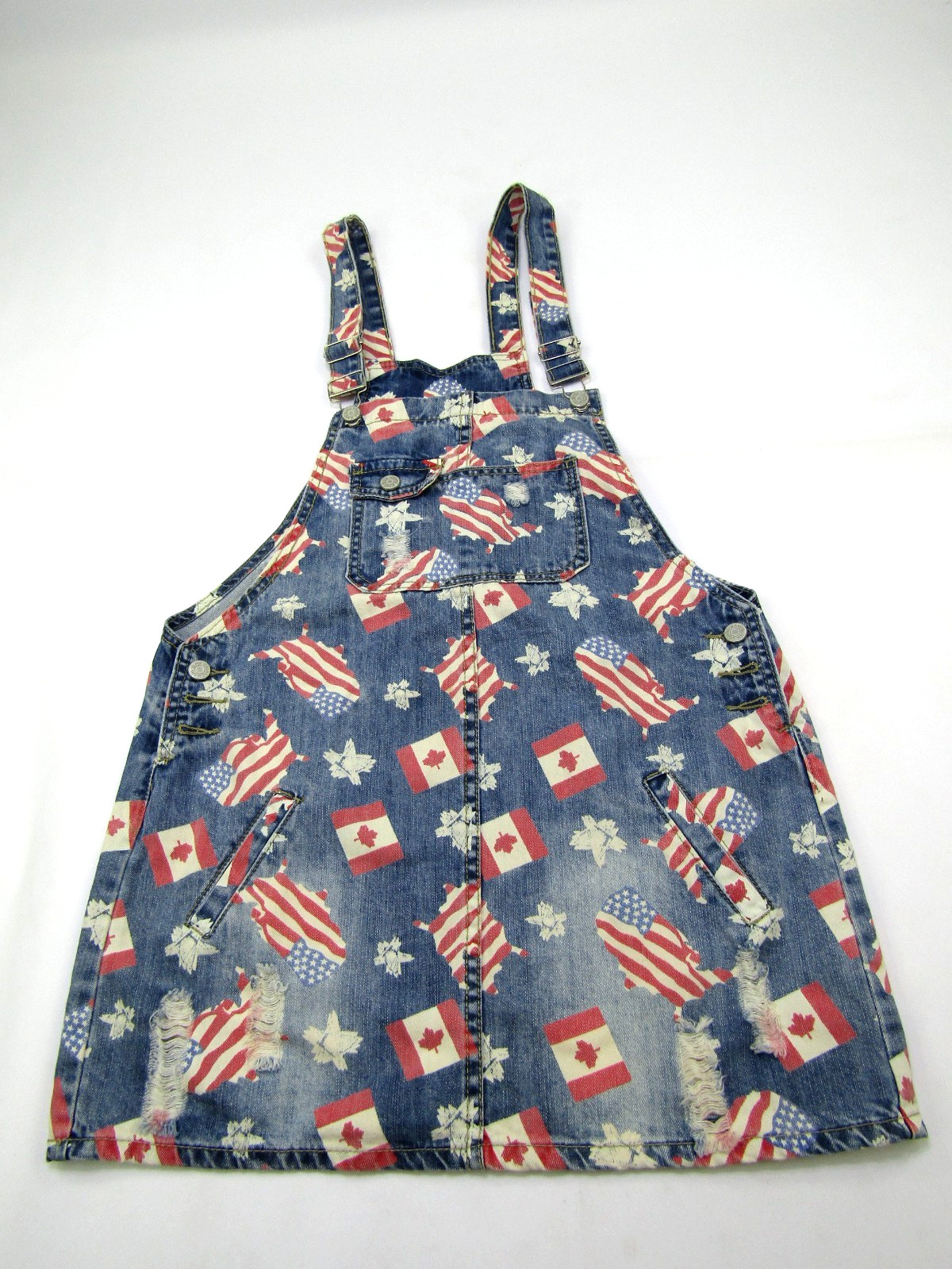 VTG American Canadian Flag Jumper Dress Womens Juniors Large Buckles Distressed