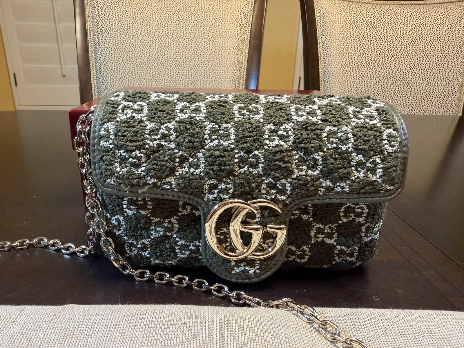 New Authentic Gucci GG Marmont Tweed Logo Shoulder Bag Mini Green