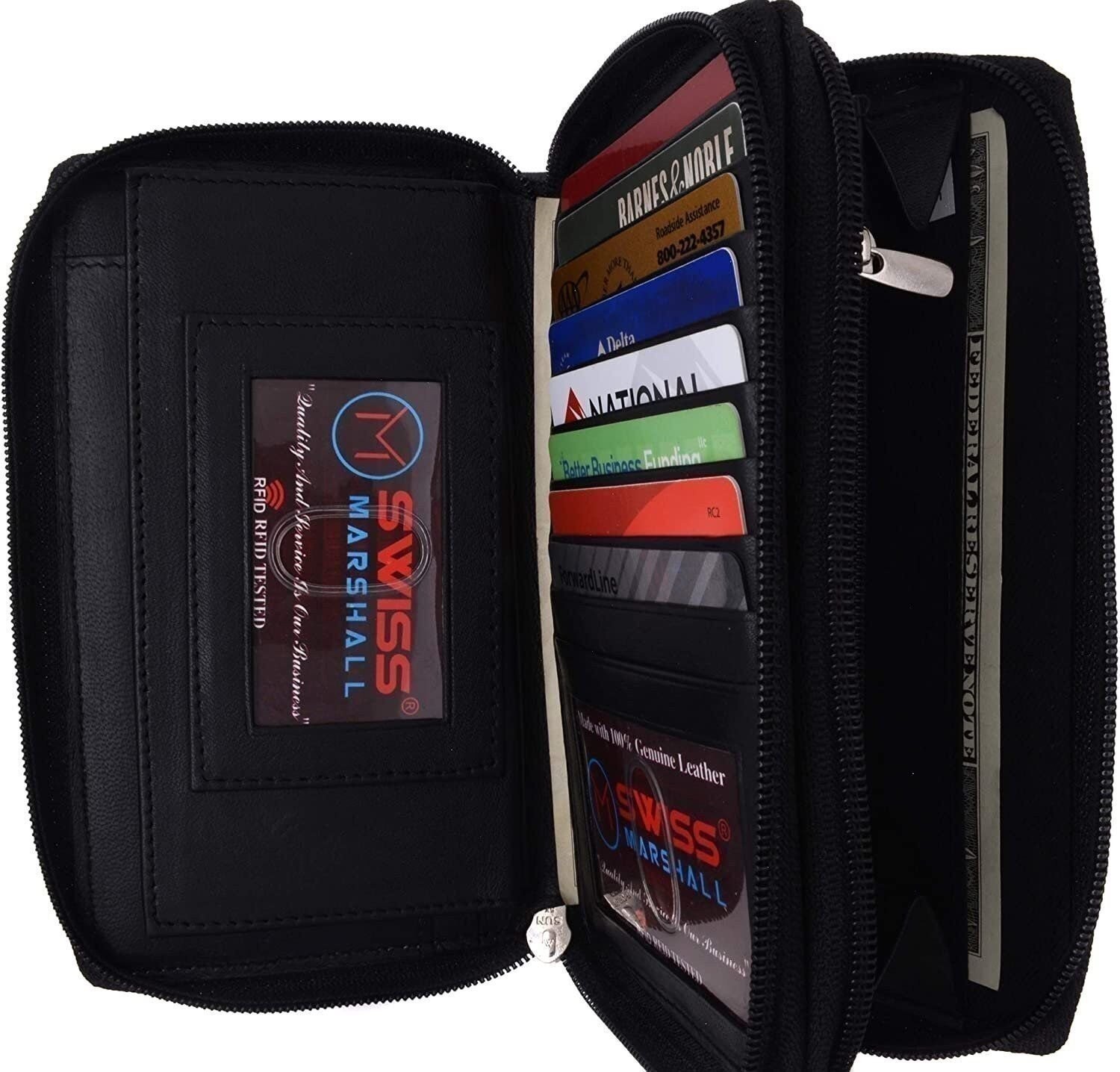 Marshal Genuine Leather Double Zipper Clutch Checkbook Wallet for Women #4575CF