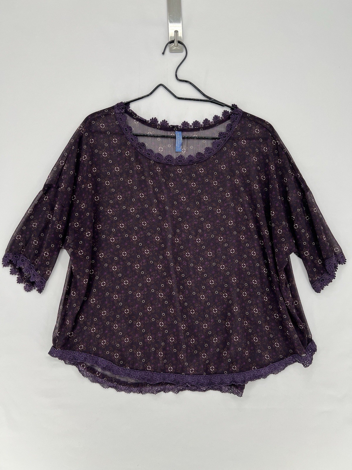 Free People Sheer Floral Print Kimono Top Womens Medium Purple Lace Trim Boho