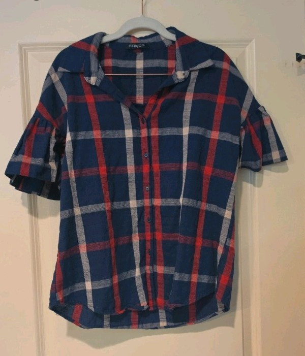 Womens L Blue Red Cream Plaid Flannel Cotton SS Button-Down Shirt Billow Sleeves