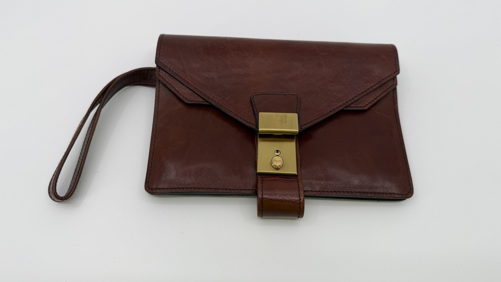 Vintage Brown Leather Envelope Wristlet Clutch Brass Push Lock Triple Zip
