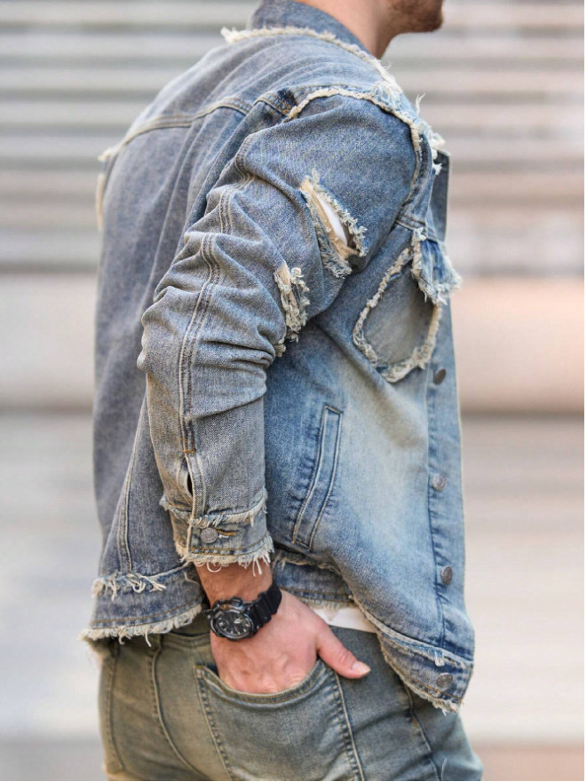 Men’s Frayed Ripped Distressed Denim Jacket Lapel Button‑Up Raw Edge Trucker