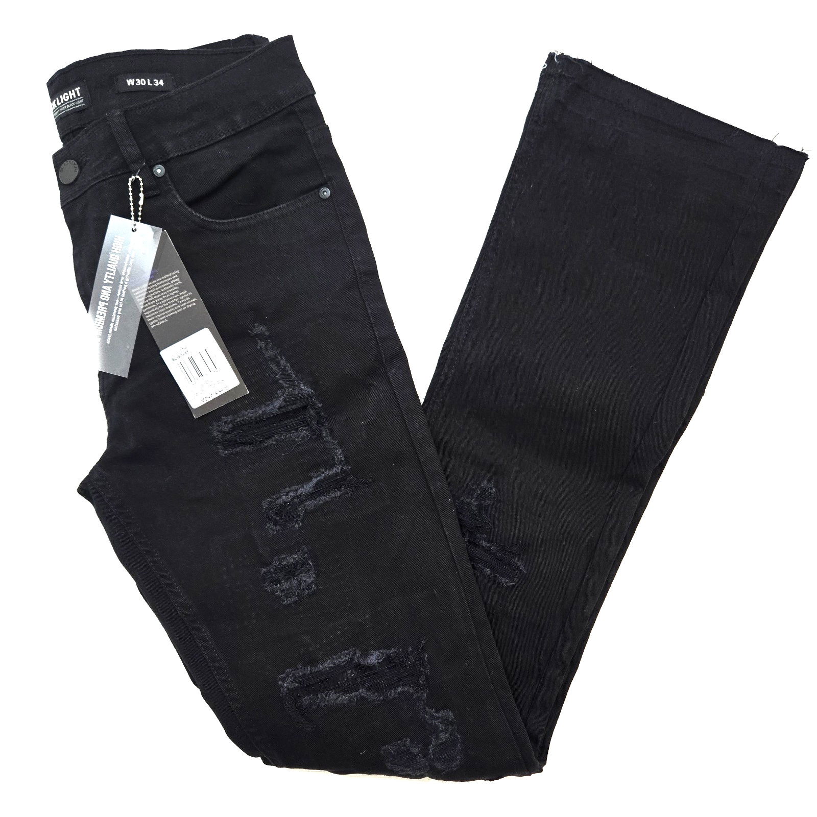 Black Light Men Jean Stretch Slim Straight Flare Fit Jet Black Denim Rhinestone