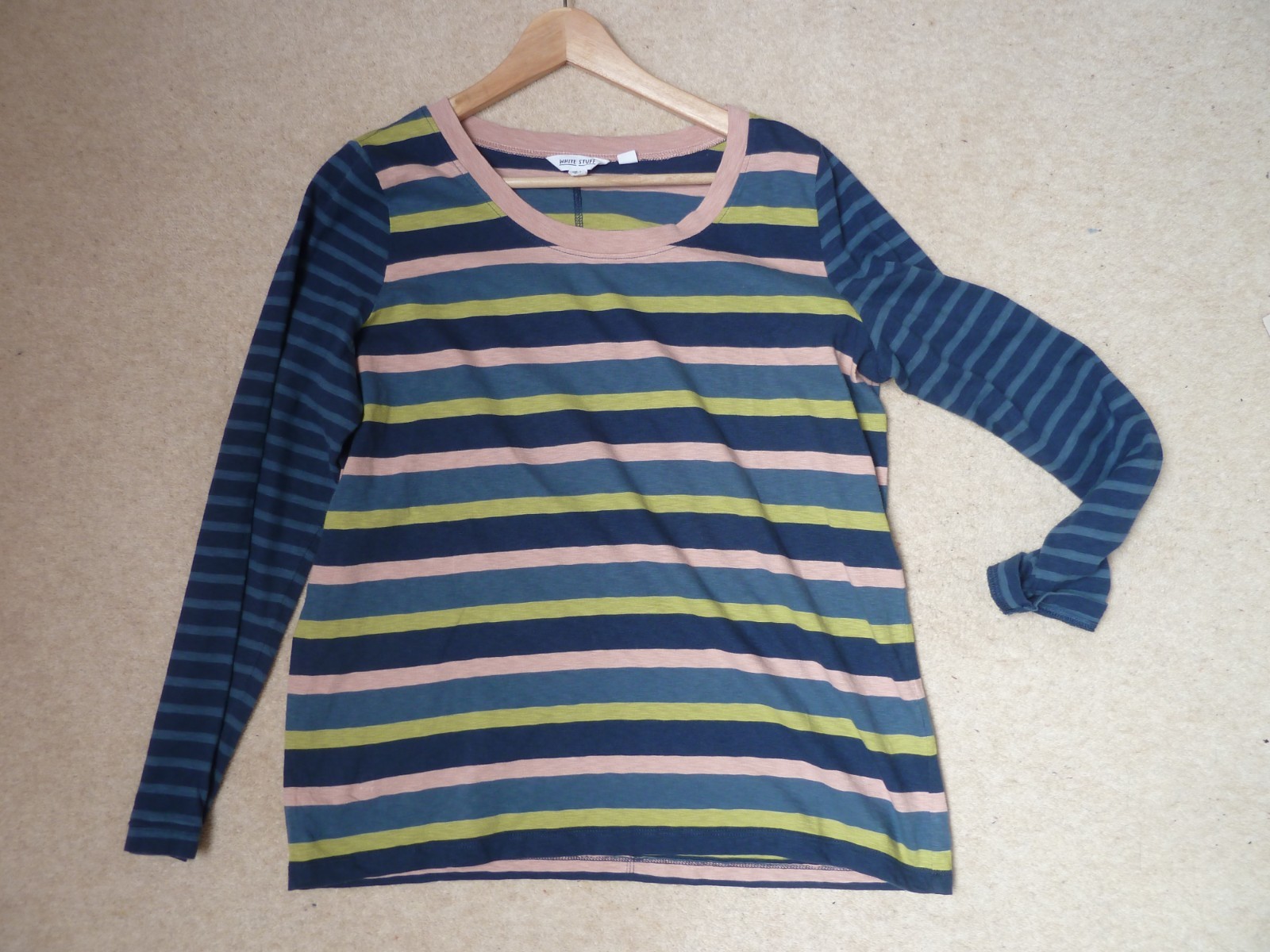 WHITE STUFF blue pink lime green COTTON BRETON STRIPED T shirt top Size 16