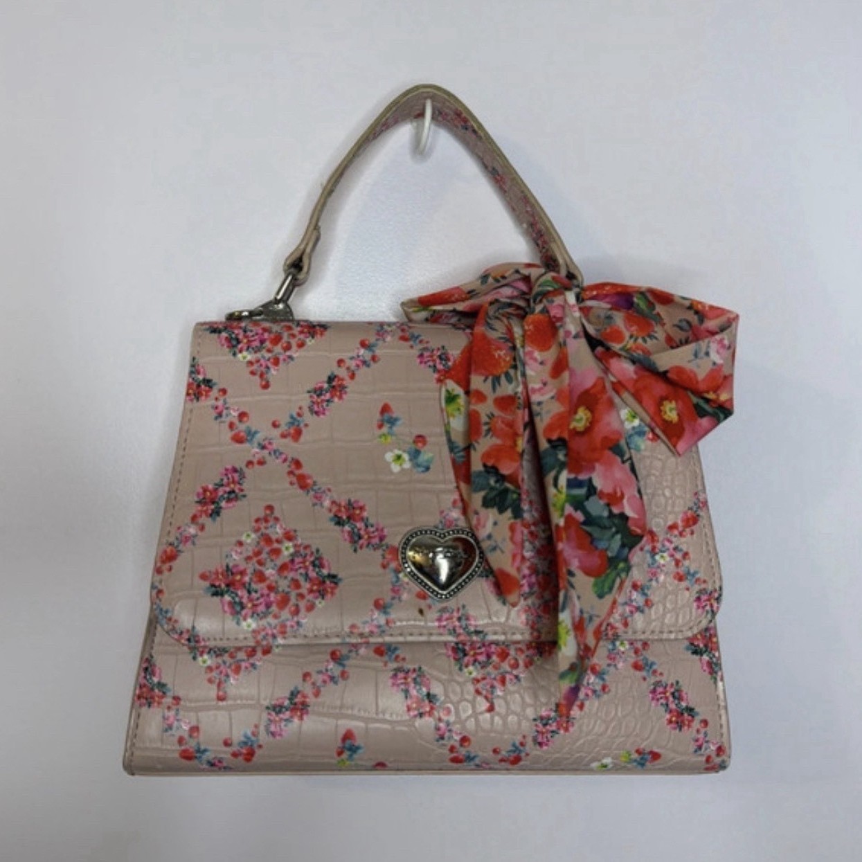 Betsey Johnson Pink Floral Satchel Top Handle Handbag Bow Detachable Strap