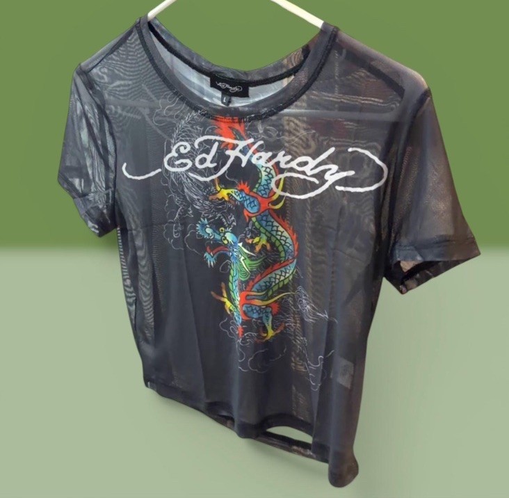 NWT Ed Hardy Black Mesh Top with Dragon Design Size Large