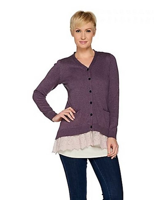 LOGO Lori Goldstein Willow Green Button Front Knit Cardigan Lace Hem New