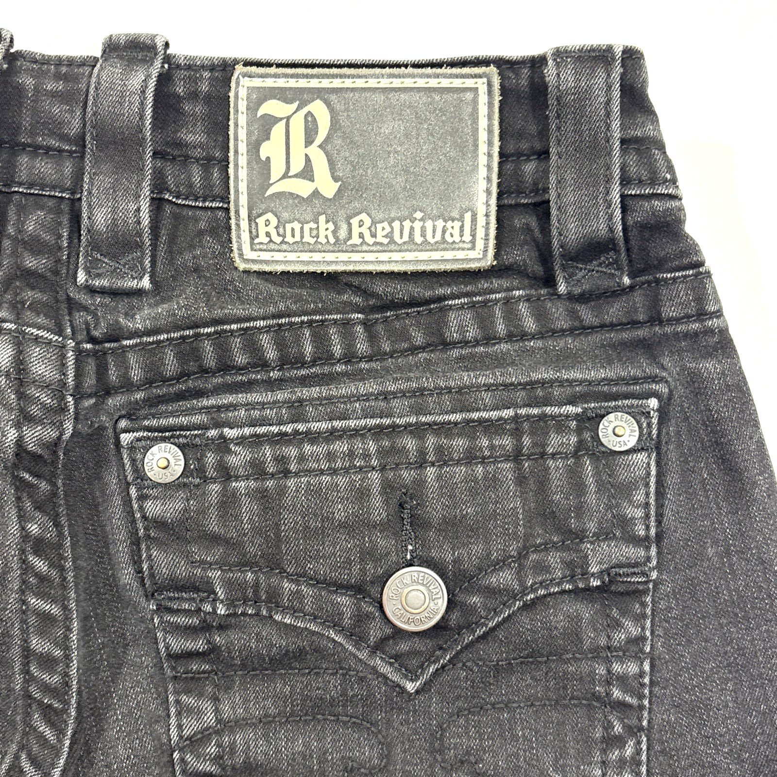 Rock Revival Ryker Jeans Mens 32×30 Slim Straight Black Biker Selvedge EUC Faded