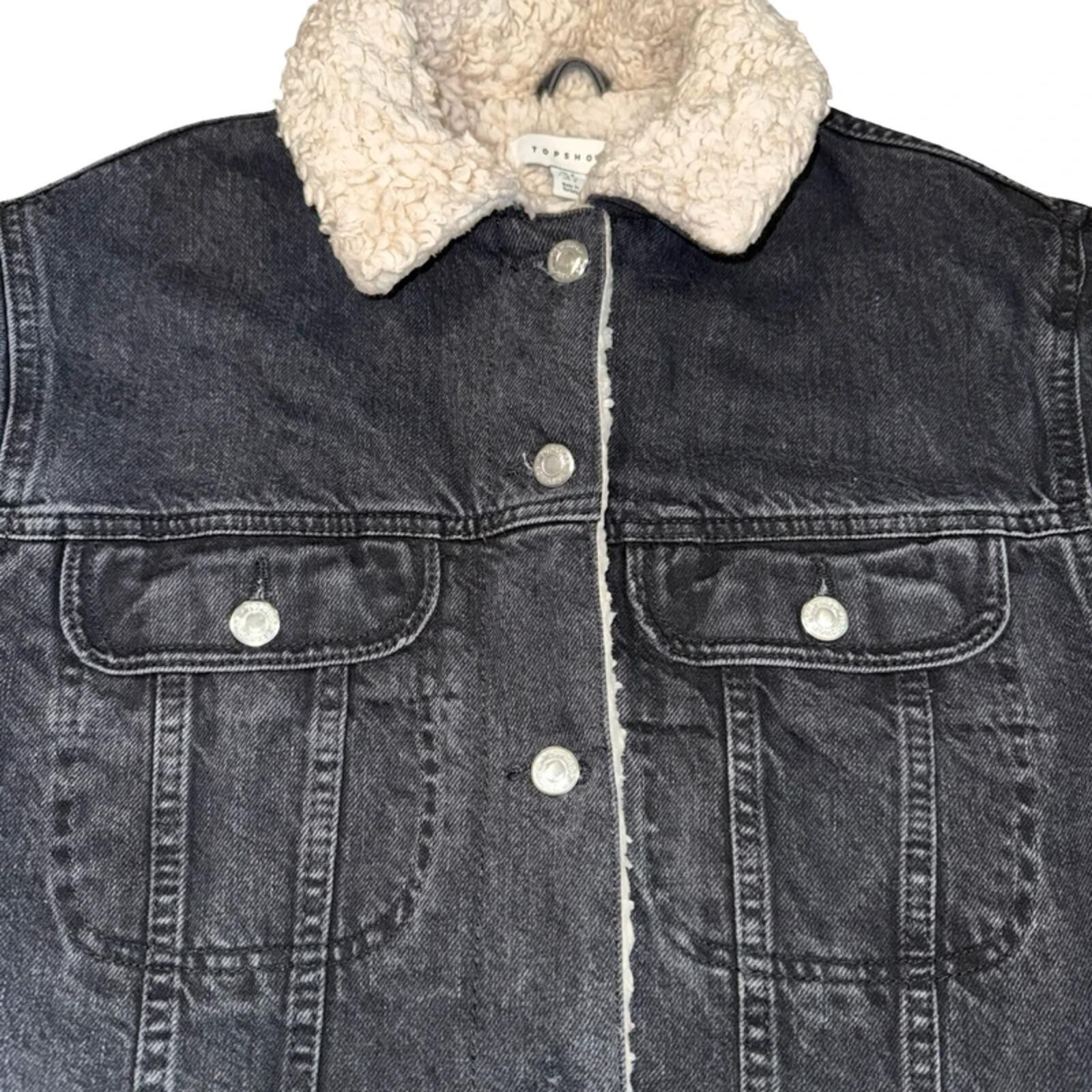 Topshop Black Sherpa Denim Jacket Size 8 Faux Fur Lined Borg Trucker Coat