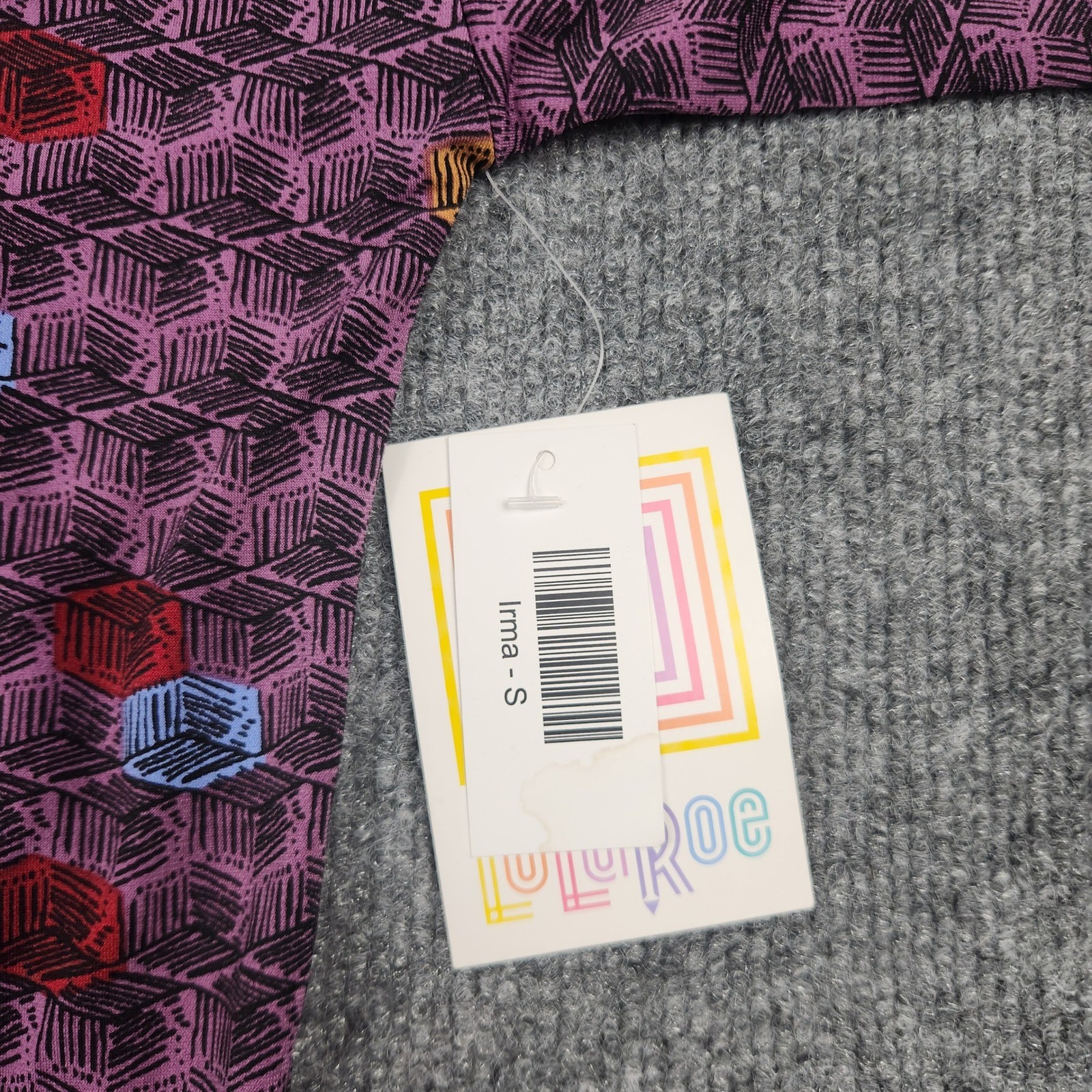 LuLaRoe Irma Tunic Top Womens Small Purple Geometric Cube Print High Low NWT