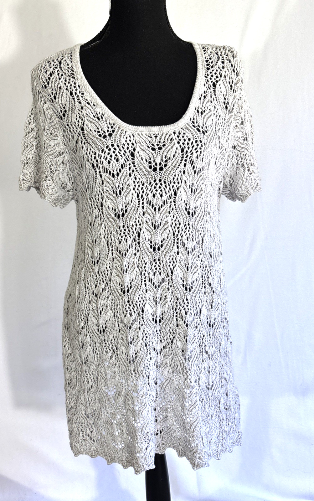 Jeanne Pierre Open Knit Sweater Large Gray Crochet Tunic Light Beach Coverup