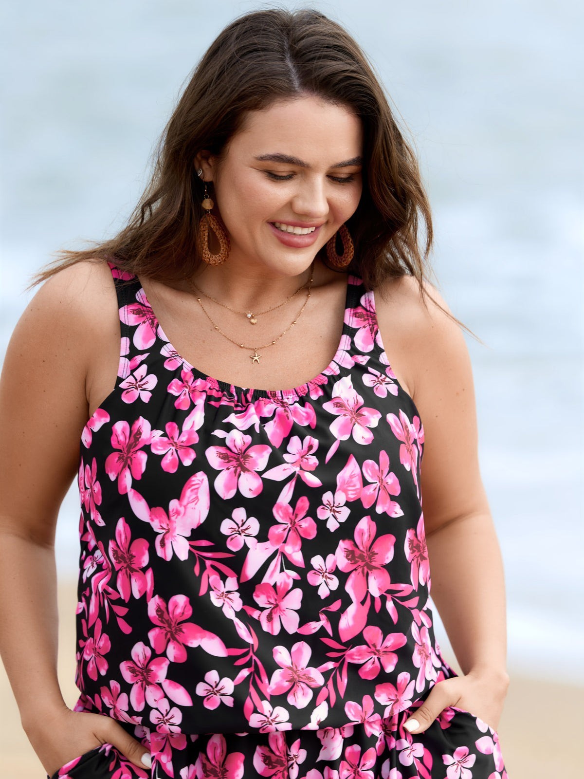 NEW Bloomchic Size 10 / M Pink Romper Tropical Print Pockets One-Piece Swimsuit