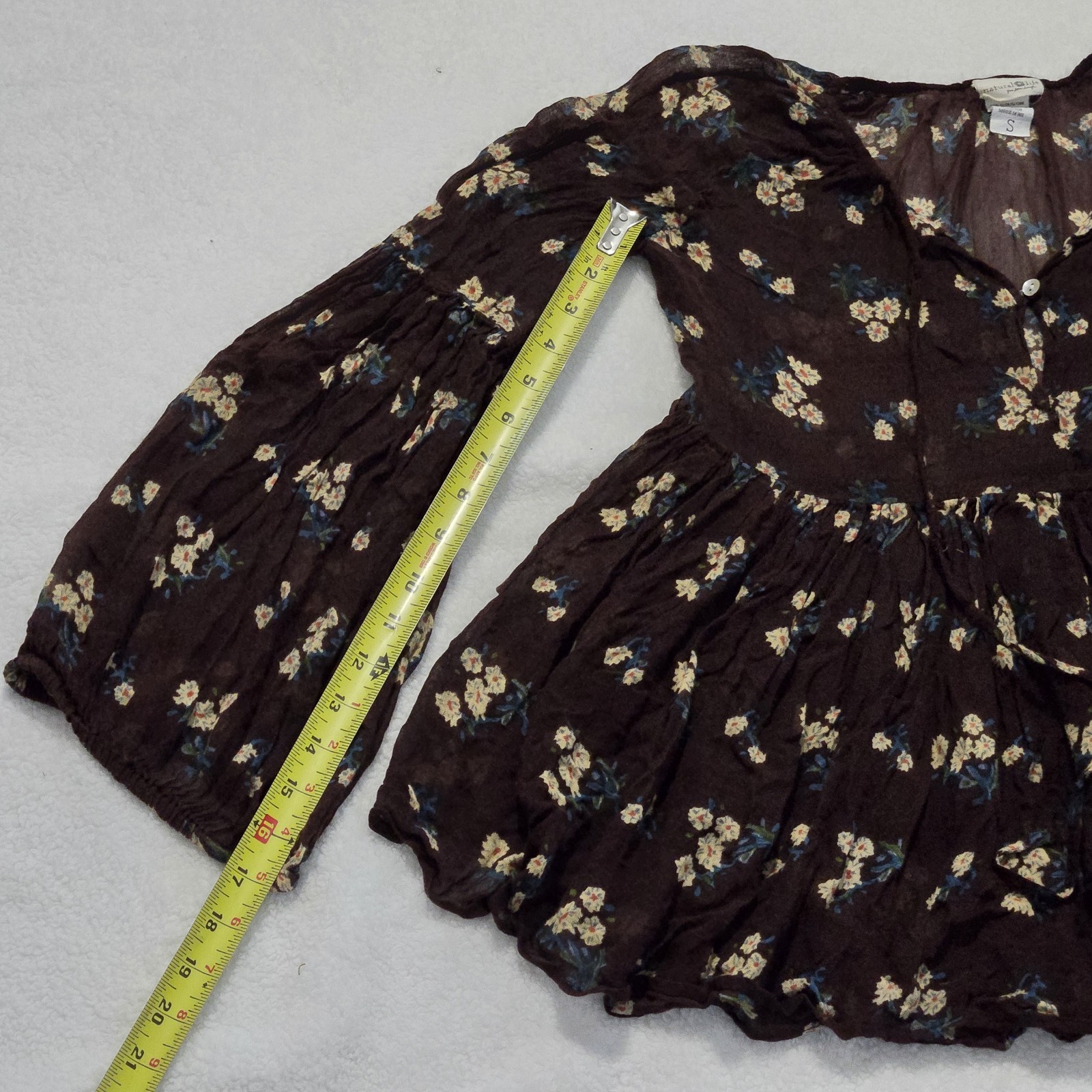Natural Life Floral Boho Babydoll Top Size S Brown Peasant Puff Sleeve Cottage