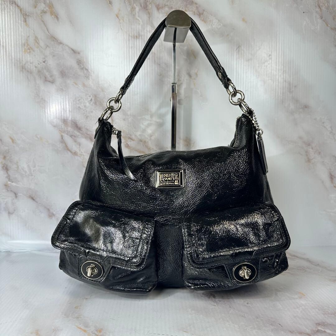COACH Shoulder Bag Poppy Patent Black Authentic From Japan