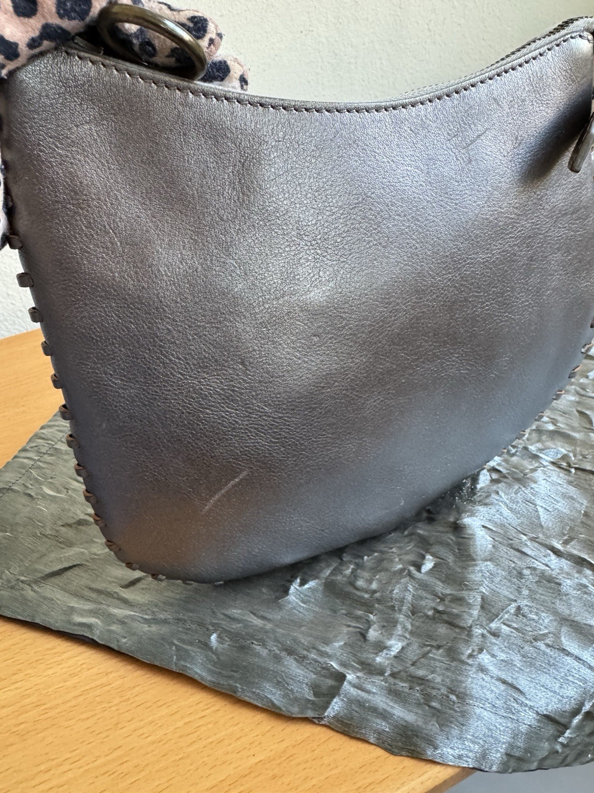 FENDI OYSTER LEATHER METALLIC SILVER SHOULDER BAG SMALL ITALY