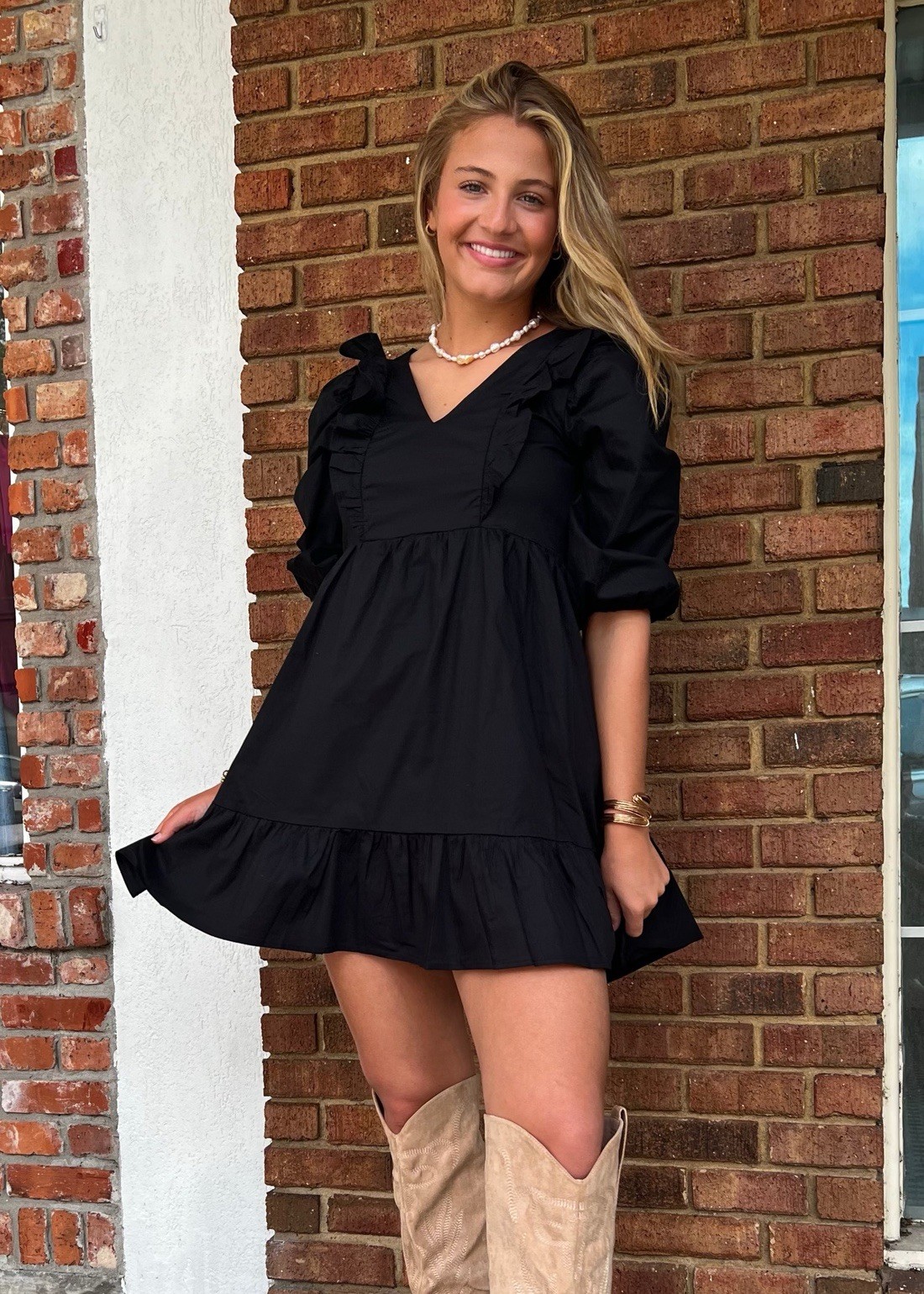 Karlie Poplin Ruffle Tier Black V-Neck Mini Minimalist Whimsigoth Dress Size S