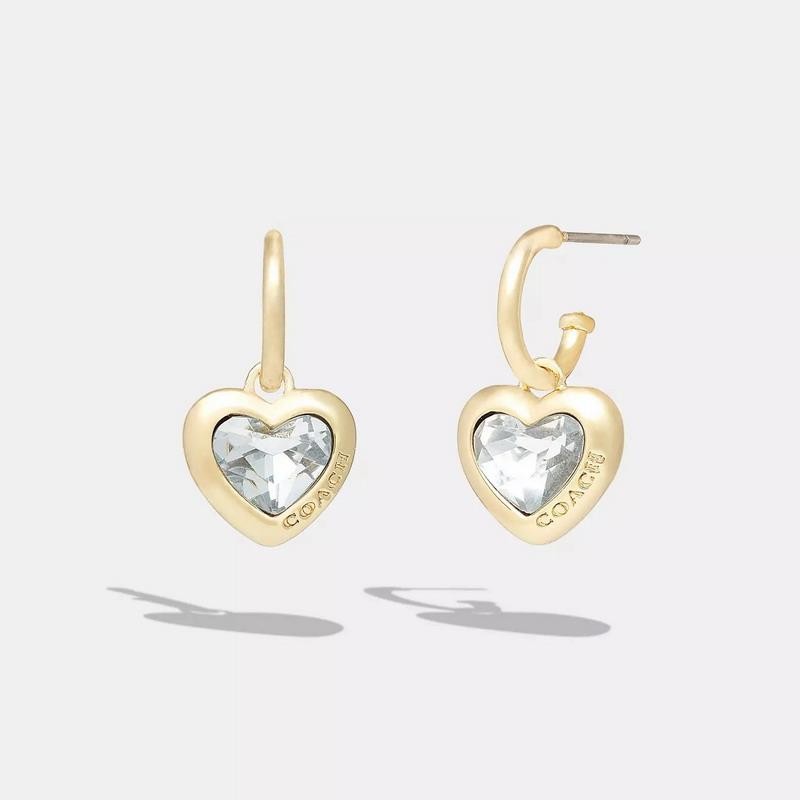 NWT Coach Stone Heart Huggie Earrings Clear Gold Tone