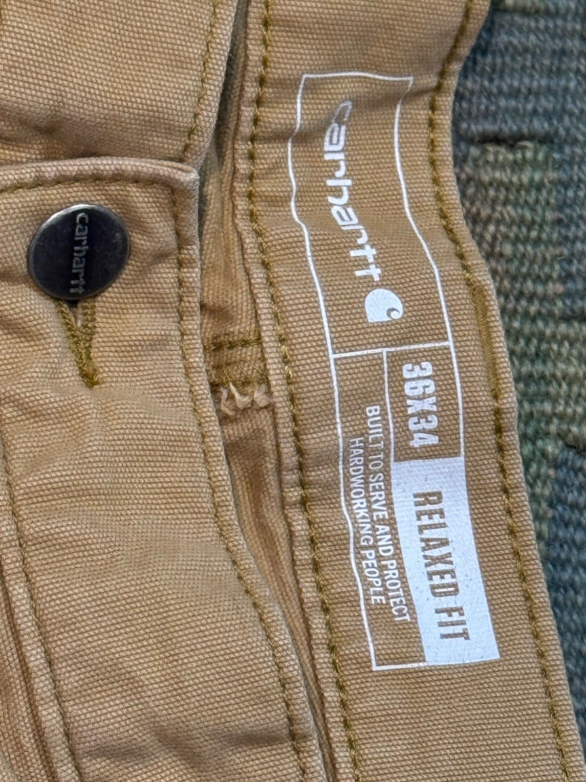 Carhartt Men’s Size 36×34 Relaxed Double Front Utility Work Pant Tan Distressed