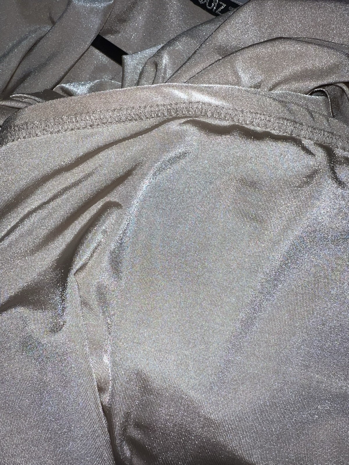 Quiz Beige/Champagne Ruched Plunge Neckline Draped Waist Dress Stretch Size 10