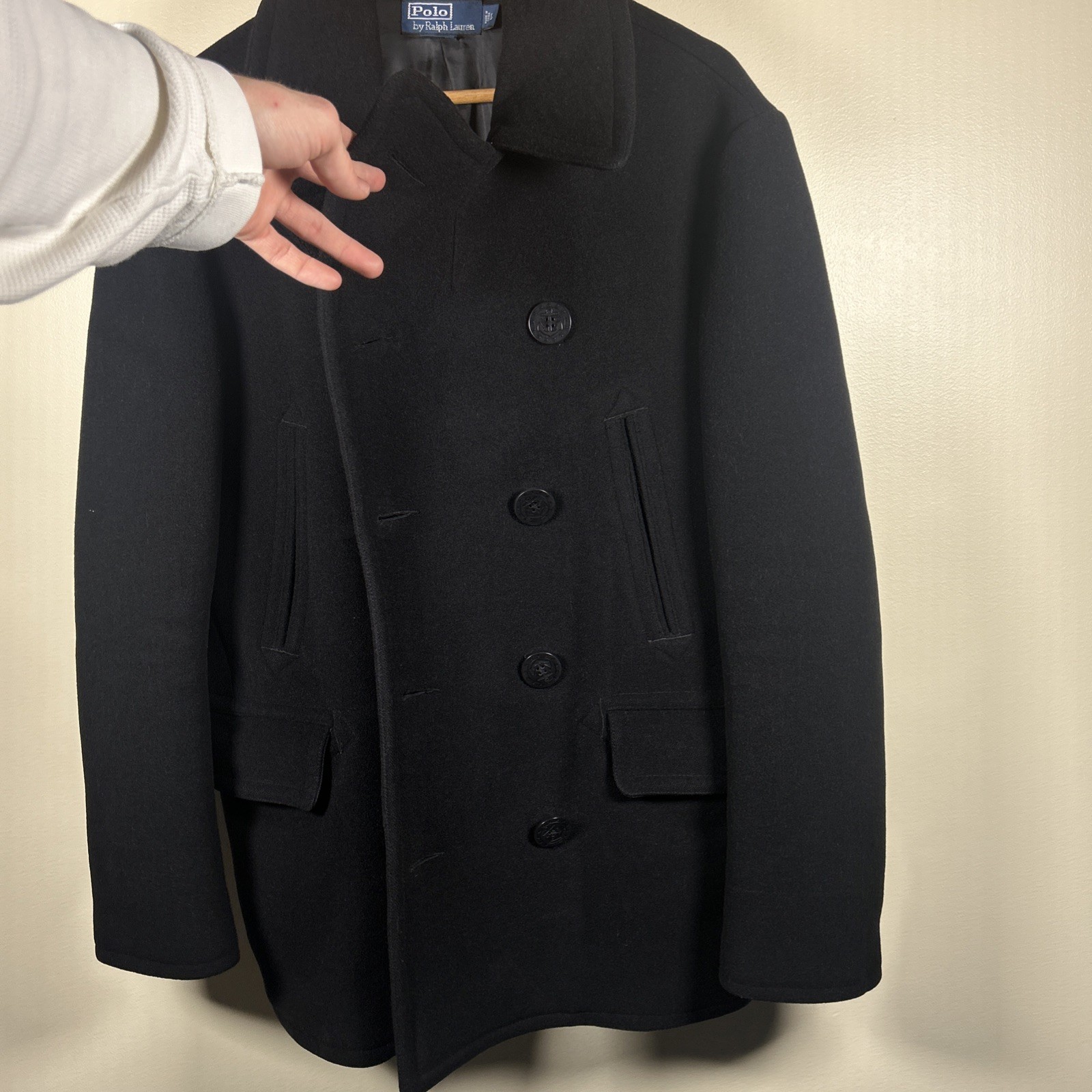 Polo Ralph Lauren Pea Coat Large Black Wool Double Breasted Anchor Naval RRL