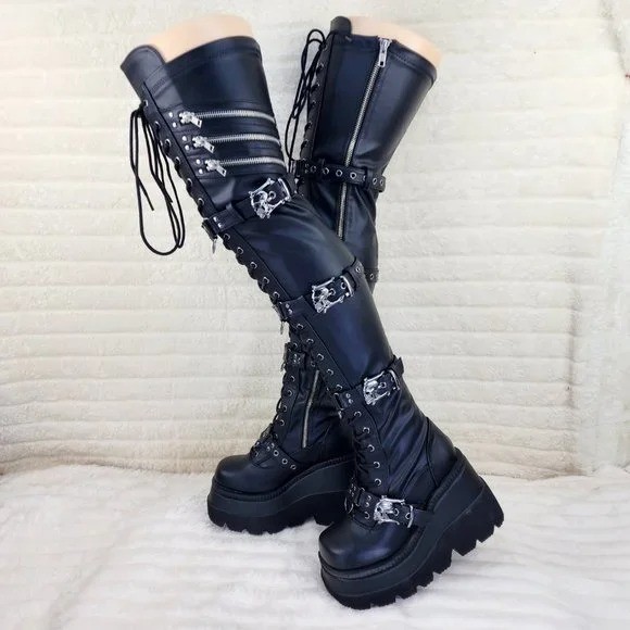 Shaker 420 Black sTRETCH 4.5″ Wedge Heel OTK Thigh Boots Skulls Zippers NY DEMON