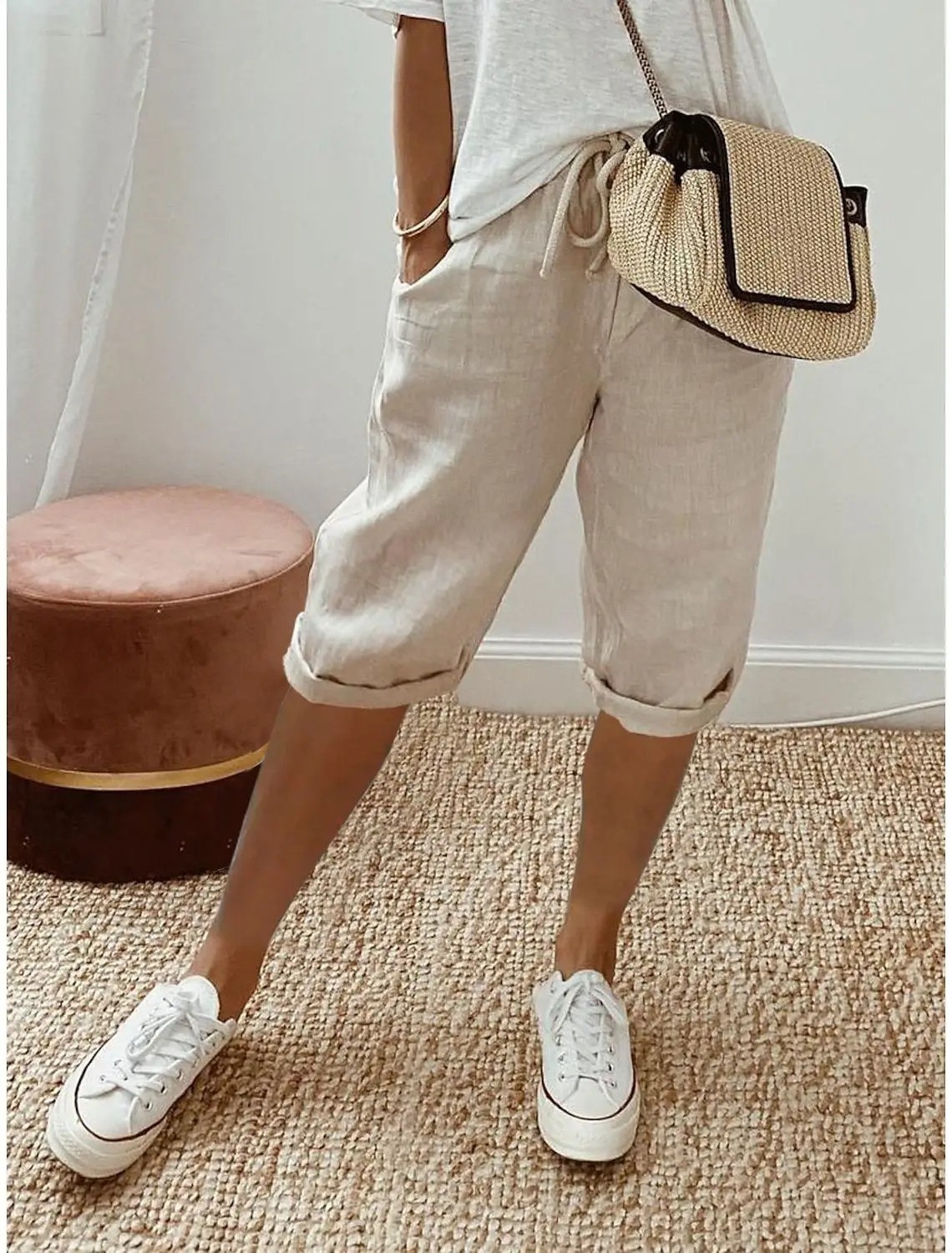 Womens Capri Pants Casual Drawstring Elastic Waist Cropped Trousers Summer