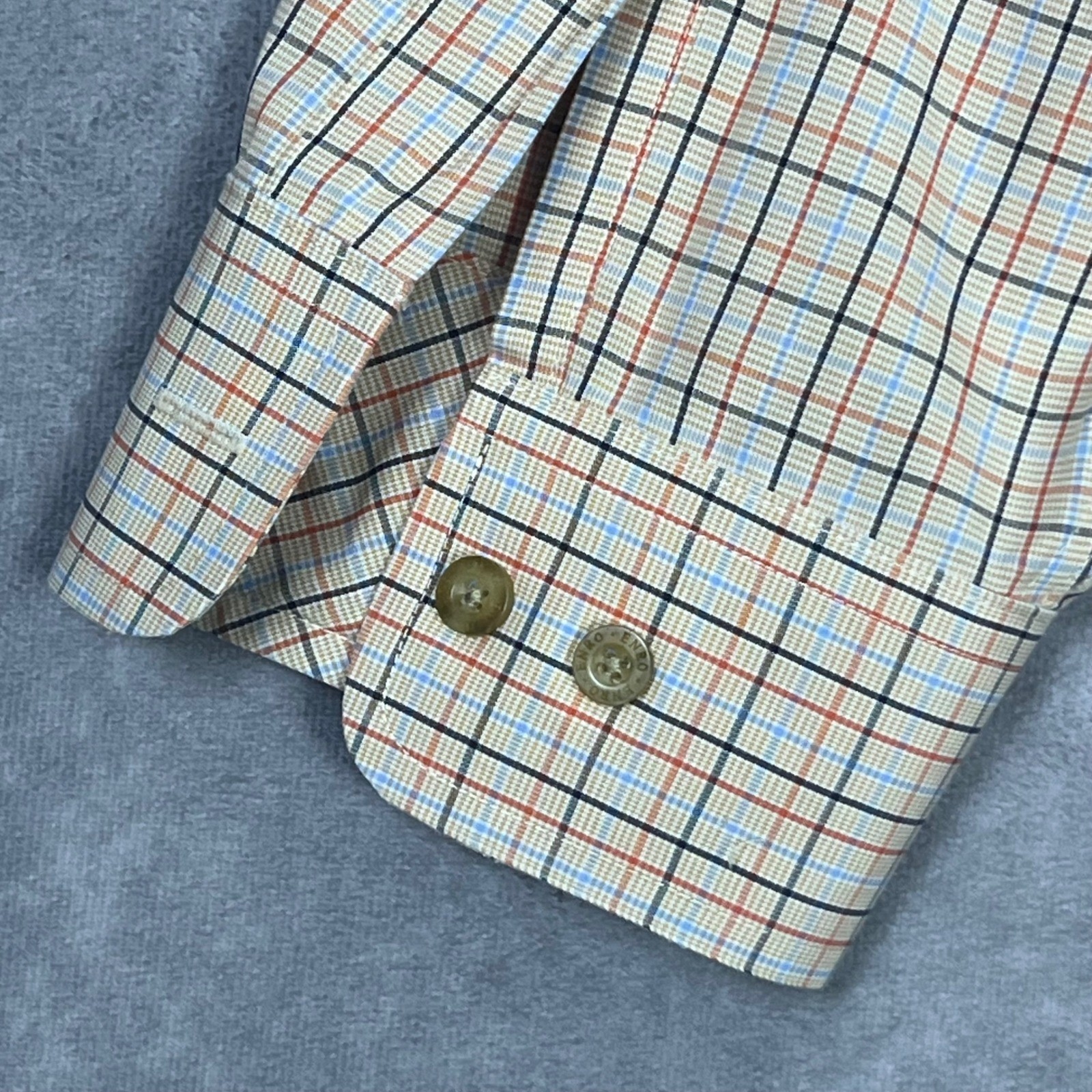 Enro Mens XXL Non-Iron Poplin Button Down Shirt Plaid Combed Cotton Tan Blue