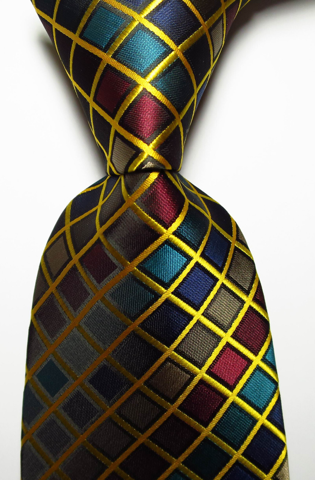 New Classic Checks Gold Red Blue Brown JACQUARD WOVEN Silk Men’s Tie Necktie