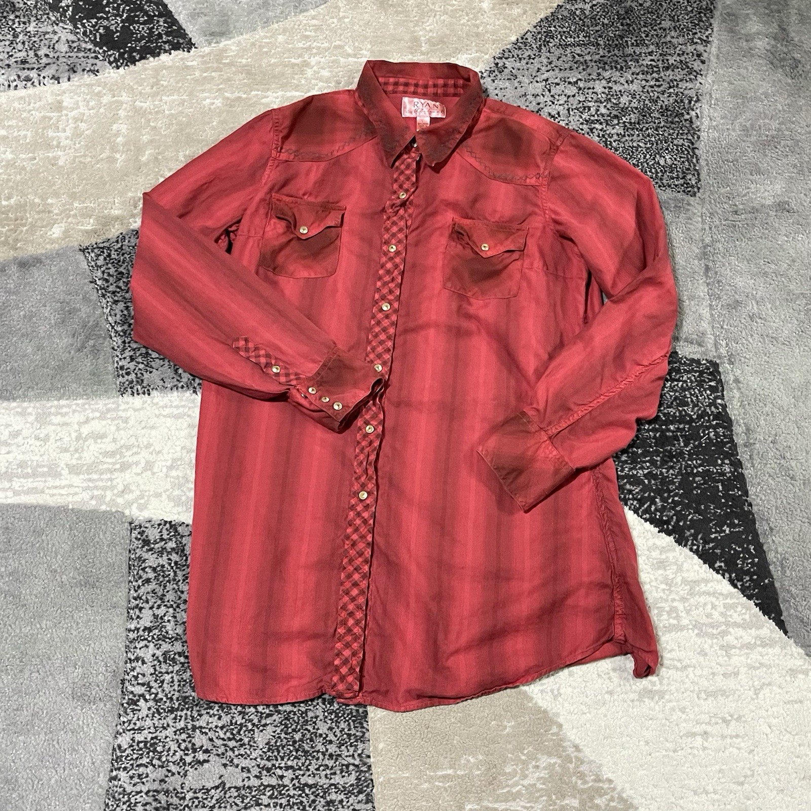 Ryan Michael Western Shirt Women Large Red Pearl Snap Tunic embroidered Rodeo
