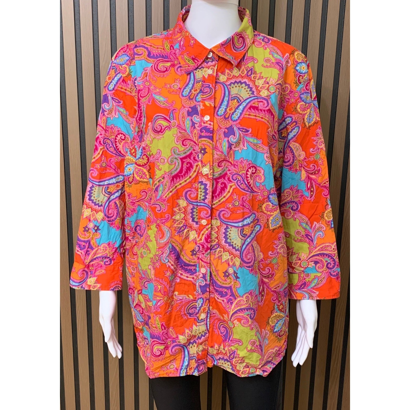 Chaps Women’s 2X Orange Paisley Cotton Button Down Shirt Long Sleeve Blouse