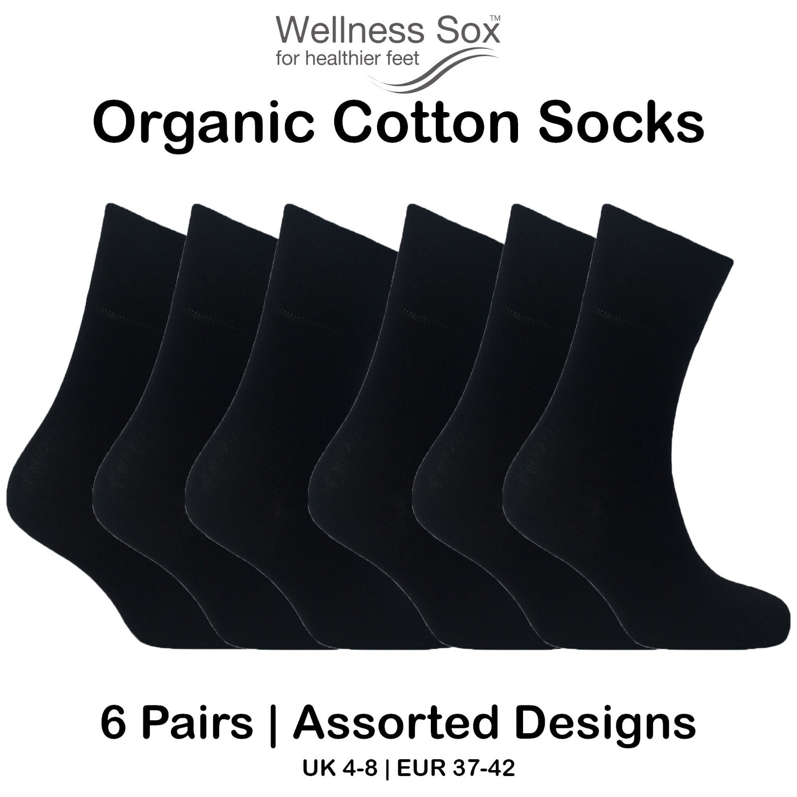 Women’s Wellness Socks – Organic Cotton – 6 Pairs Assorted – UK 4-8 | EU 37-42