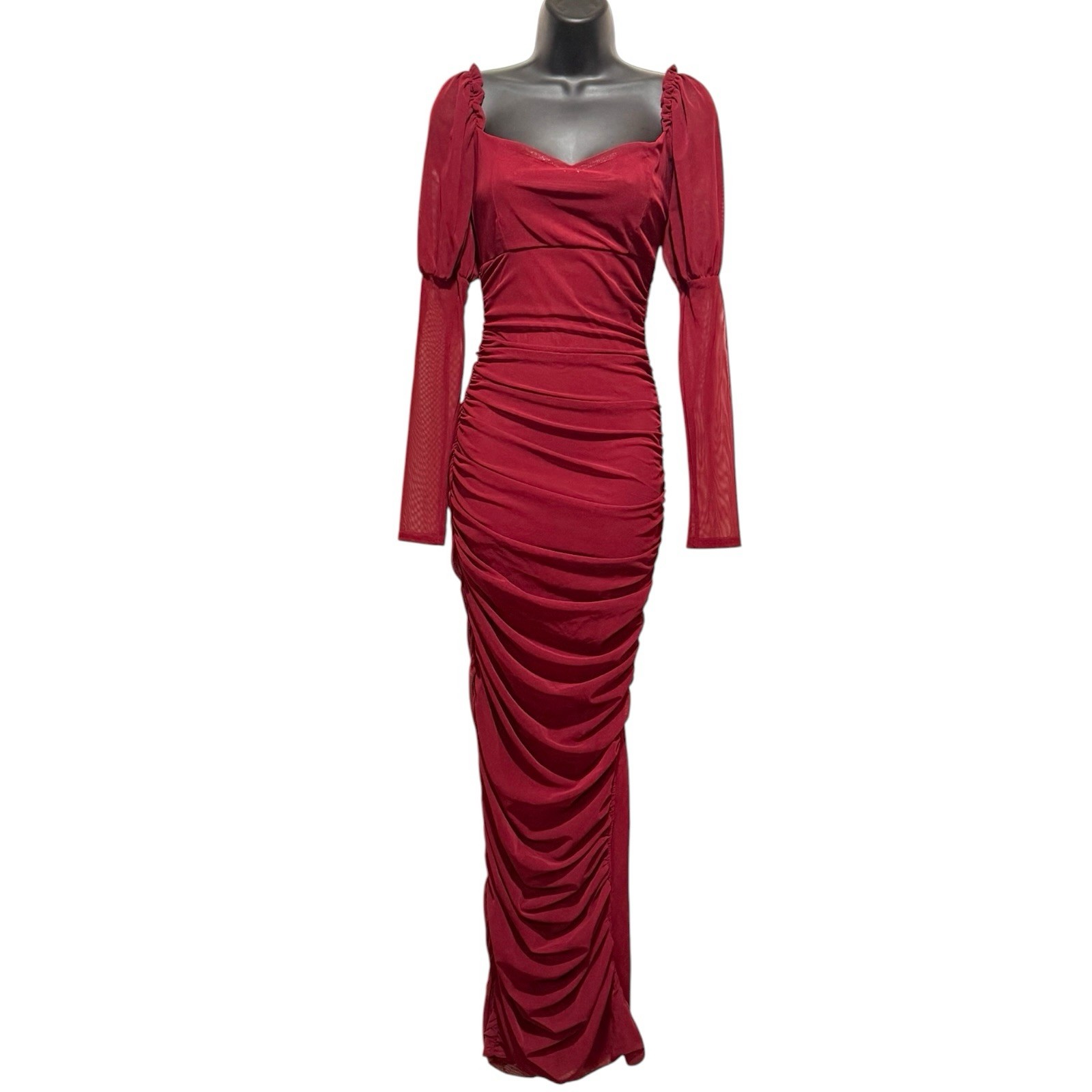 Boohoo sz 4 Edwardian Babydoll Ruched Mesh Burgundy Red Juliet Sleeve Maxi Dress