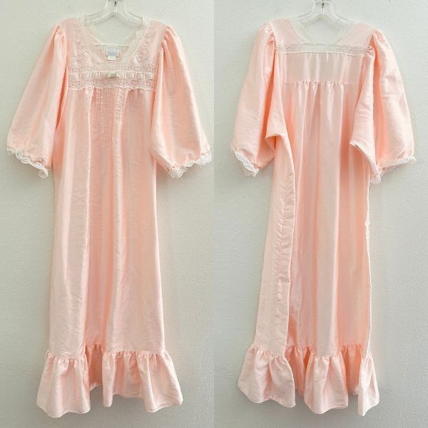 Vintage Sara Beth Nightgown Baby Pink Lace Peplum Puff Sleeve Women’s Medium