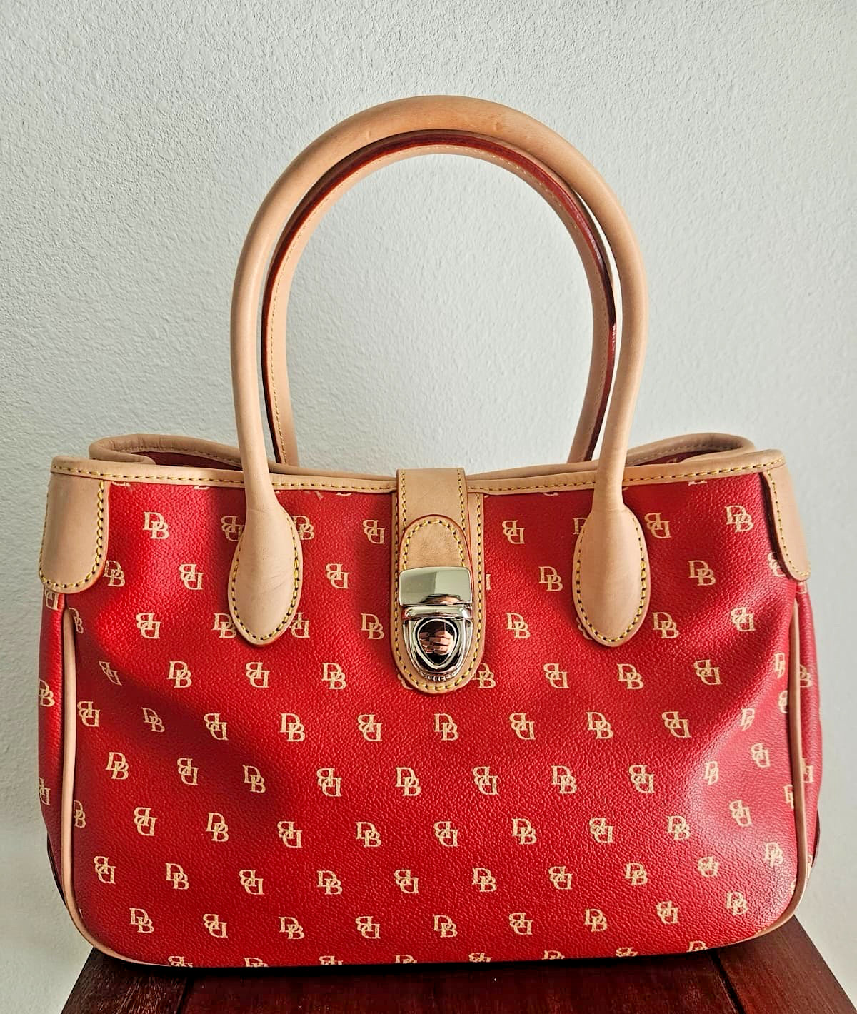Dooney Bourke Red and Beige Signature Monogram Medium Leather Handbag Crossbody