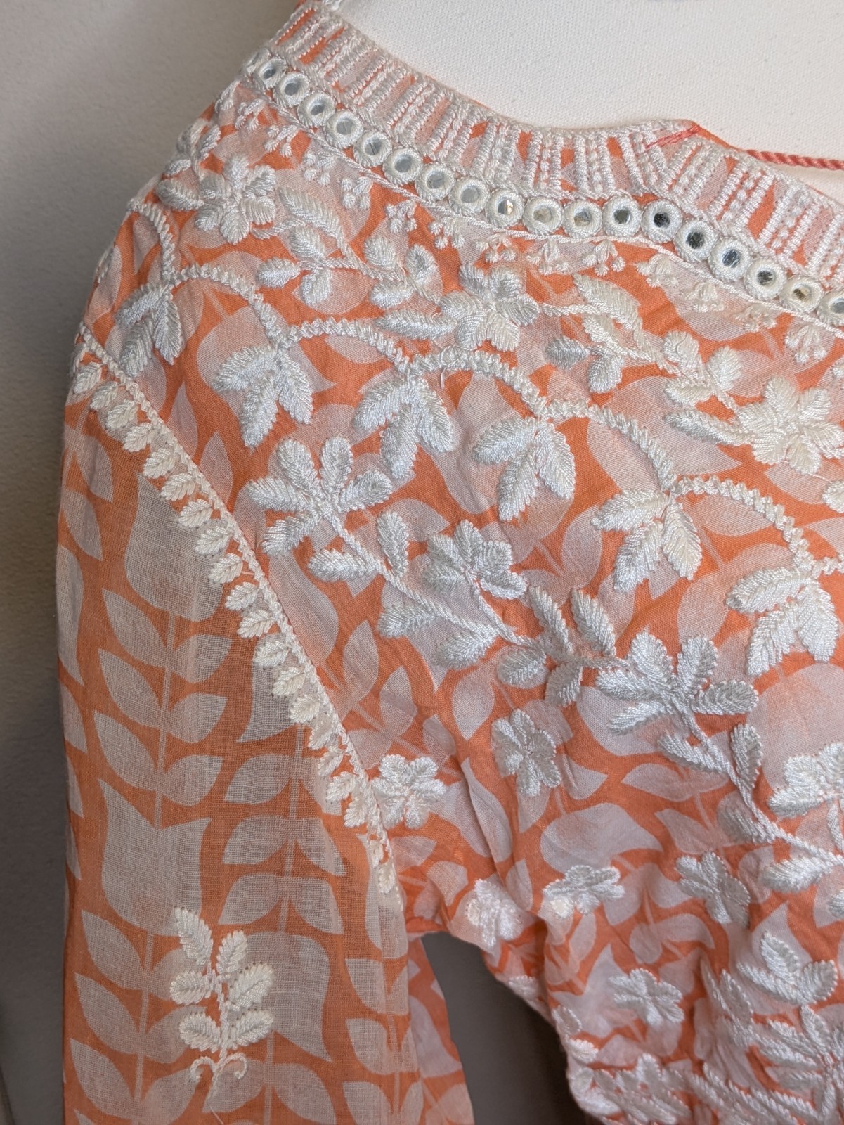 Bairaas Embroidered Boho Dress Size 42 Peach White Tassel Tiered Fringe EUC