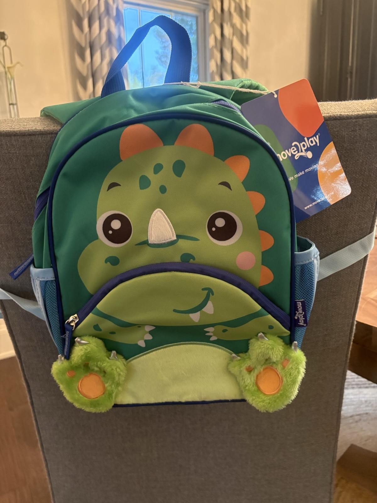 Move2Play Dinosaur Kids Backpack Water Resistant, Green/Blue/Orange, Pockets