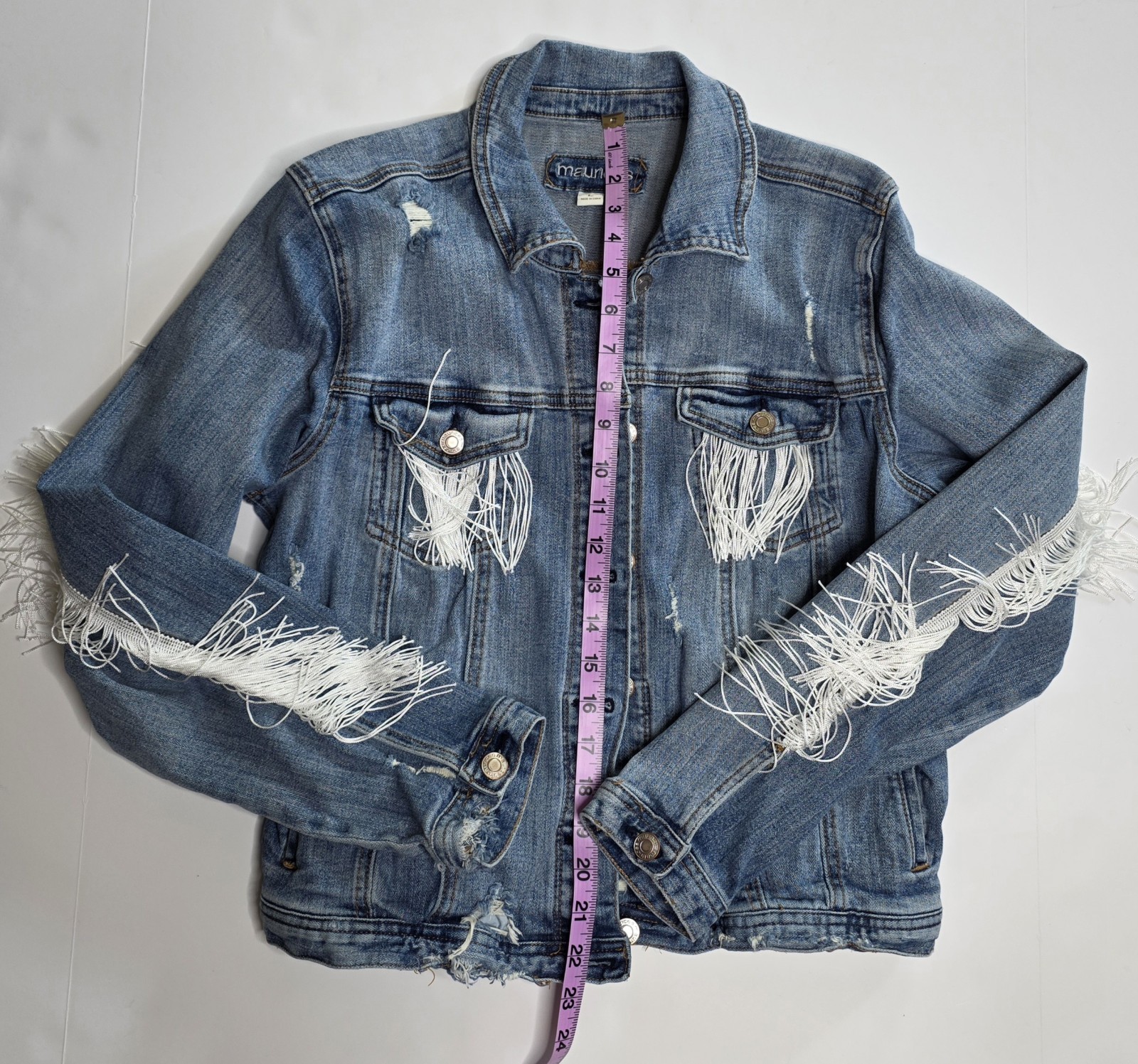 Distressed Fringe Denim Jacket L Y2K Boho Western Statement Cowgirl Vibes Rodeo